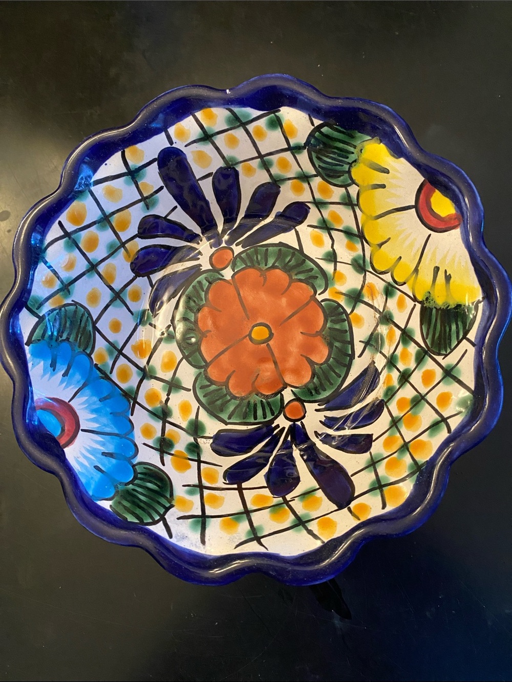 3 Hand-Painted Floral Ceramic Bowls from Mexico - Blue, Yellow, Orange